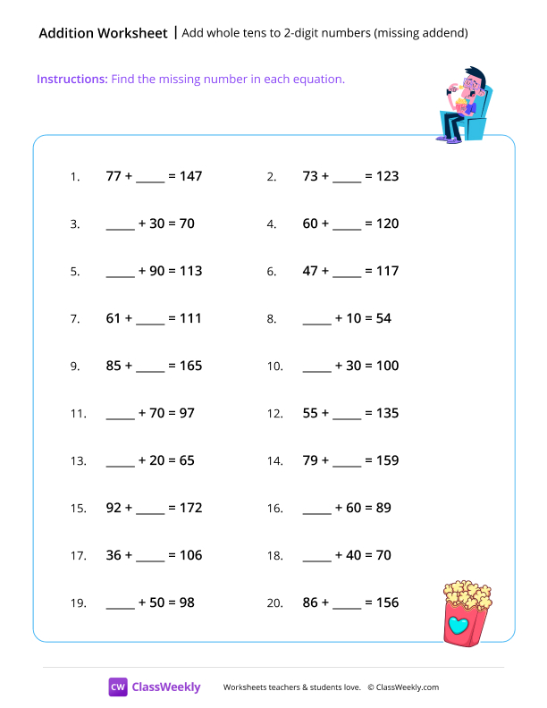 Add whole tens to 2-digit numbers (with missing addend) - Popcorn worksheet preview
