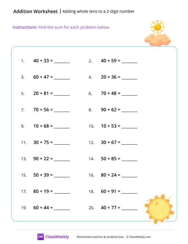 Adding whole tens to a 2-digit number - Sun worksheet preview