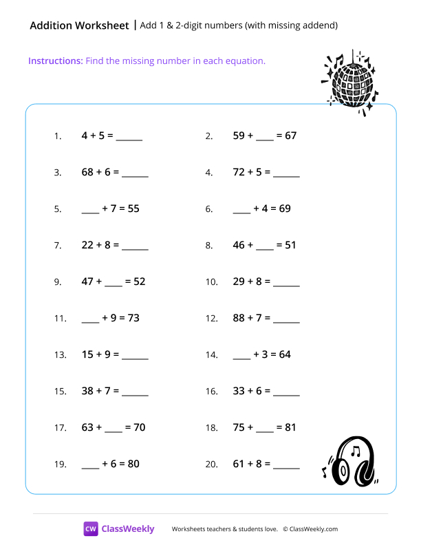 Add 1 & 2-digit numbers (with missing addend) - Headphone worksheet preview