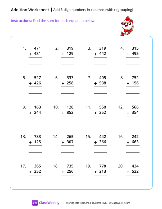 Adding 3-digit numbers in columns (no regrouping) worksheet preview