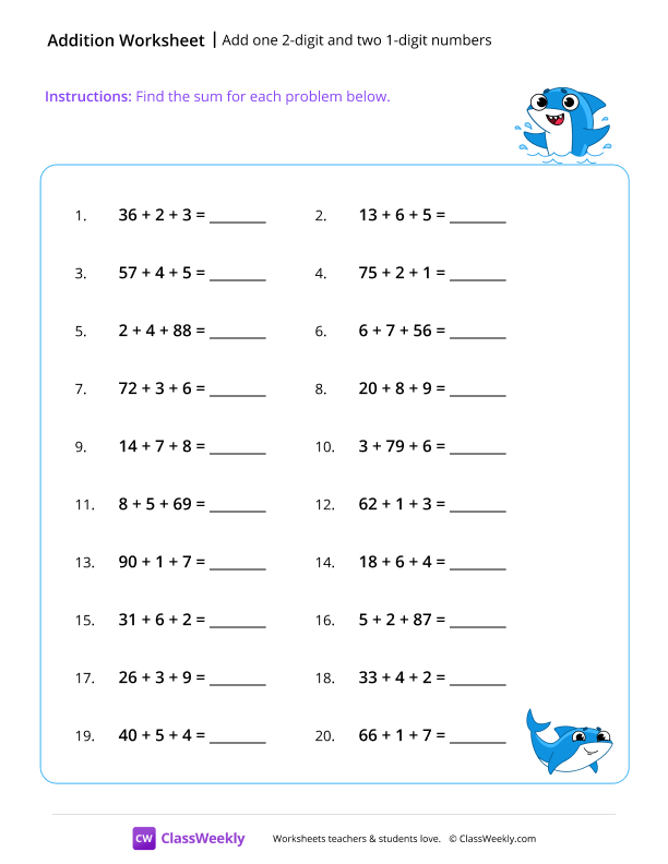 Add one 2-digit and two 1-digit numbers - Shark worksheet preview