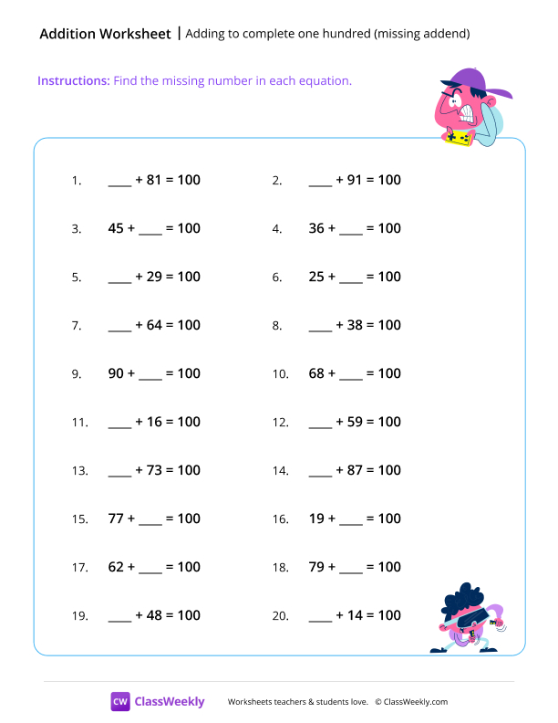 Adding to complete one hundred (missing addend) - Gaming worksheet preview
