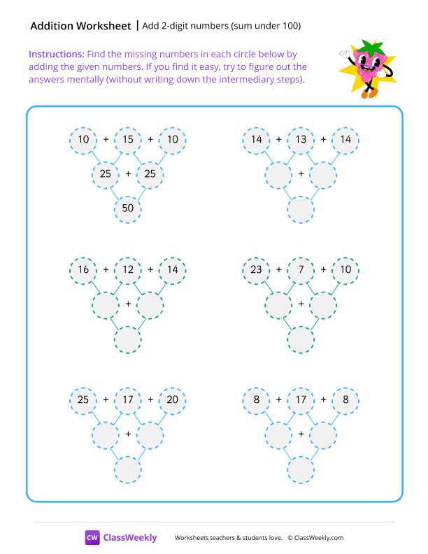 Add 2-digit numbers (sum under 100) - Grapes worksheet preview