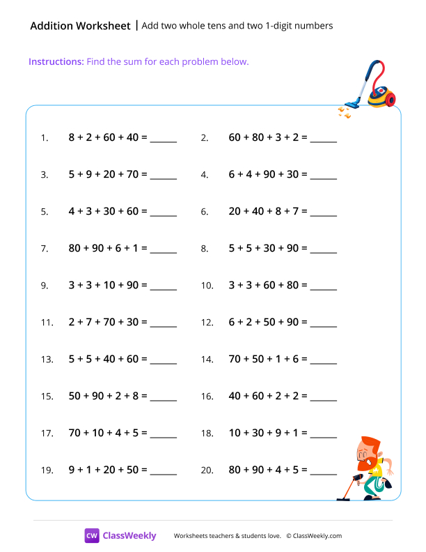 Add two whole tens and two 1-digit numbers - Vacuum worksheet preview