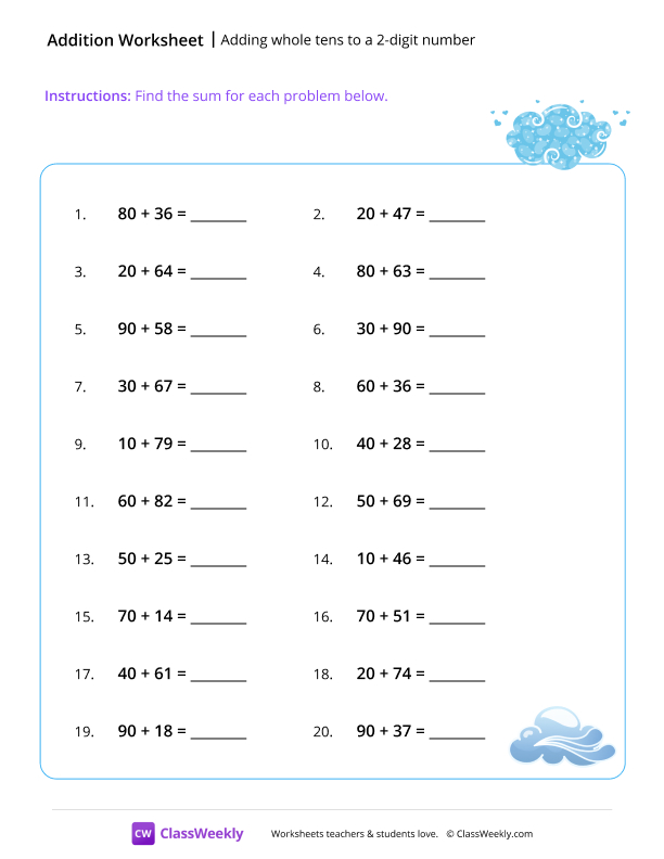Adding whole tens to a 2-digit number worksheet preview
