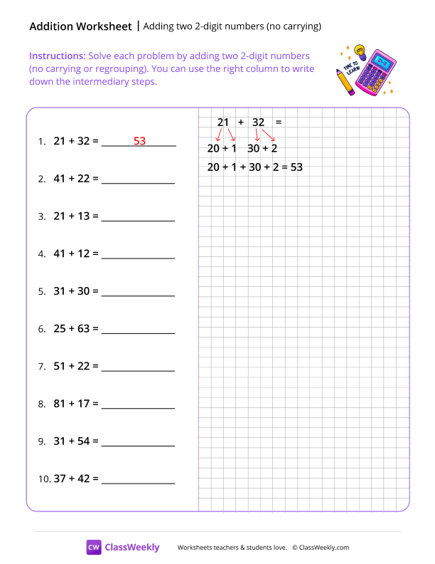 Adding two 2-digit Numbers (no carrying) - Light Studying worksheet preview