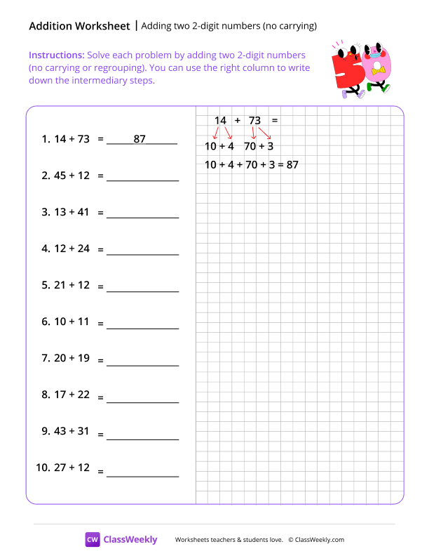 Adding two 2-digit Numbers (no carrying) - Fifty Friends worksheet preview