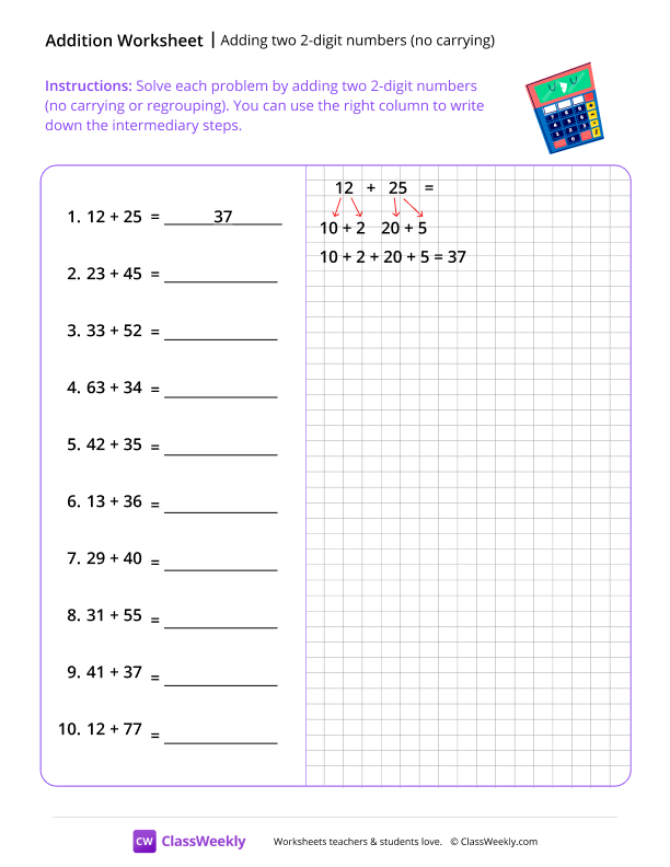 Adding two 2-digit Numbers (no carrying) - Sleeping Calculator worksheet preview