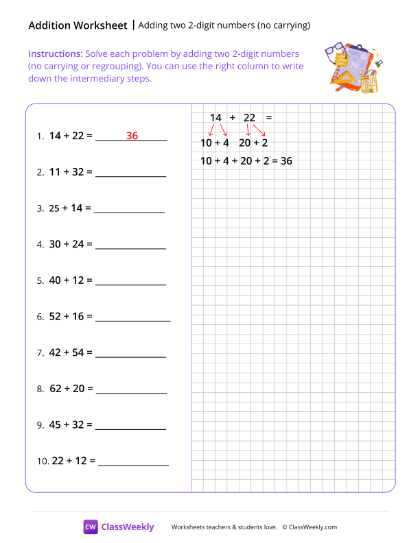 Adding two 2-digit Numbers (no carrying) - Study Kit worksheet preview