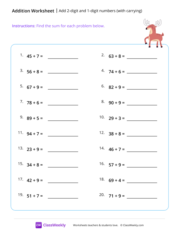 Add 2-digit and 1-digit numbers (with carrying) - Reindeer worksheet preview