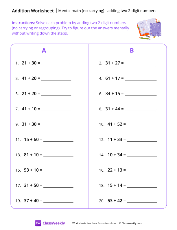 Mental Math: Adding two 2-digit Numbers (no carrying) - Notebooks worksheet preview
