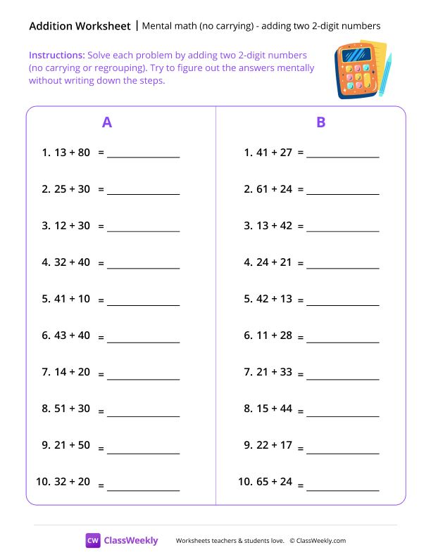 Mental Math: Adding two 2-digit Numbers (no carrying) - Calculator worksheet preview