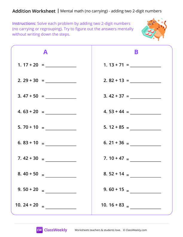Mental Math: Adding two 2-digit Numbers (no carrying) - Smart Cat worksheet preview