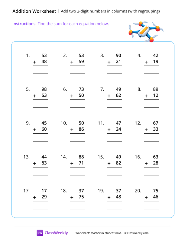 Add two 2-digit numbers in columns (with regrouping) - Drone worksheet preview