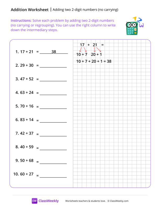 Adding two 2-digit Numbers (no carrying) - Smart Calculator worksheet preview