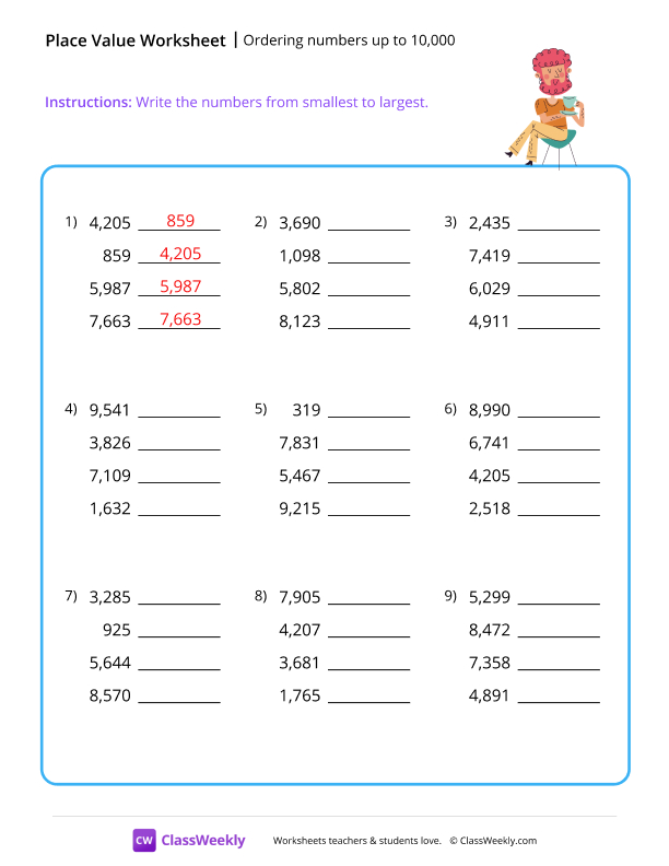 Ordering numbers (up to 10,000) - Tea worksheet preview