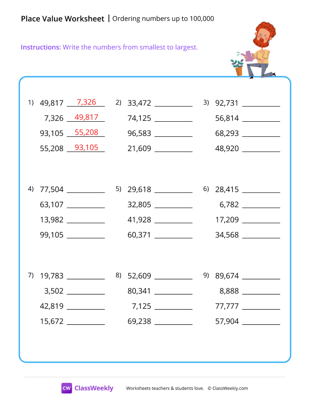 Ordering numbers (up to 100,000) - Plants worksheet preview