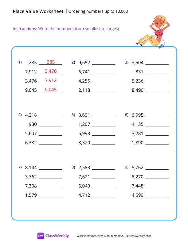 Ordering numbers (up to 10,000) - Workout worksheet preview