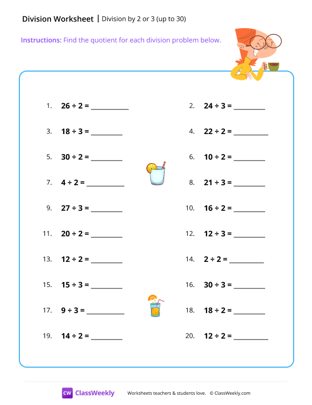 Division by 2 or 3 (up to 30) - Tea worksheet preview