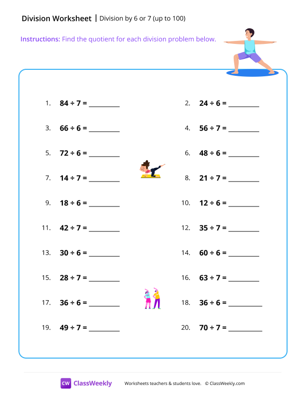 Division by 6 or 7 (up to 100) - Stretch worksheet preview