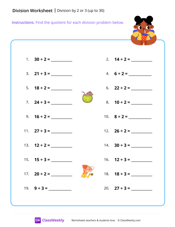 Division by 2 or 3 (up to 30) worksheet preview