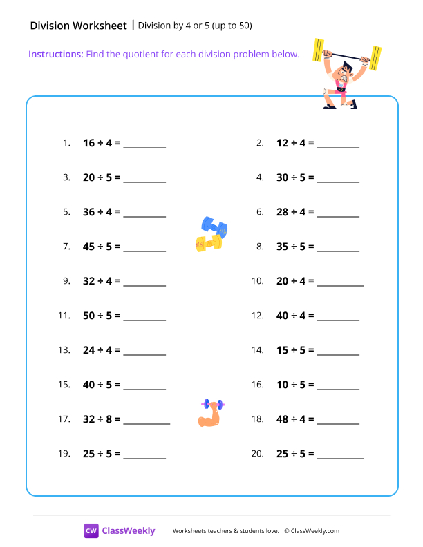 Division by 4 or 5 (up to 50) - Lift worksheet preview