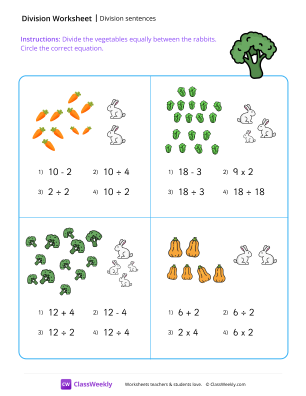 Division sentences - Broccoli worksheet preview