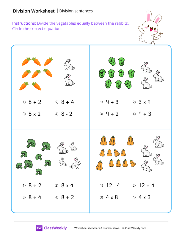 Division sentences - Bunny worksheet preview