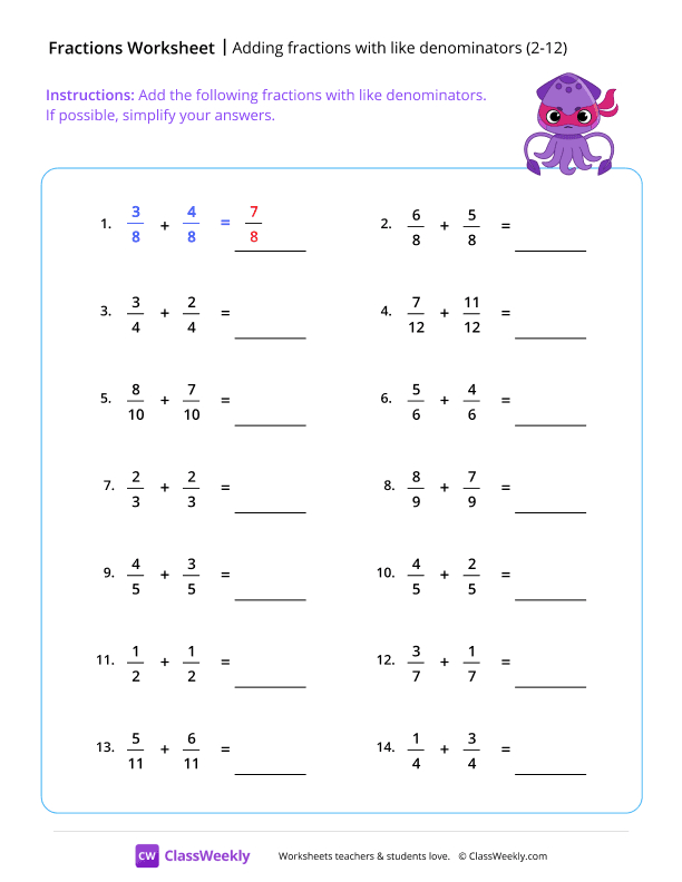 Adding fractions with like denominators (2-12) - Squid worksheet preview