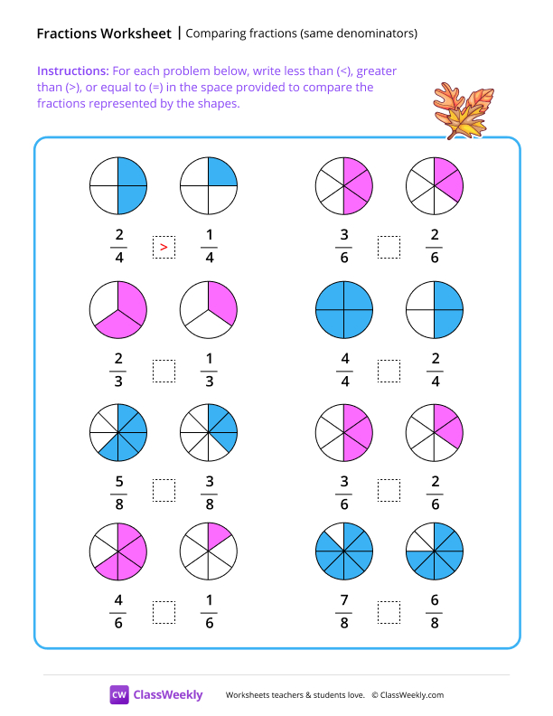 Comparing fractions (same denominators) - Orange Leaf worksheet preview