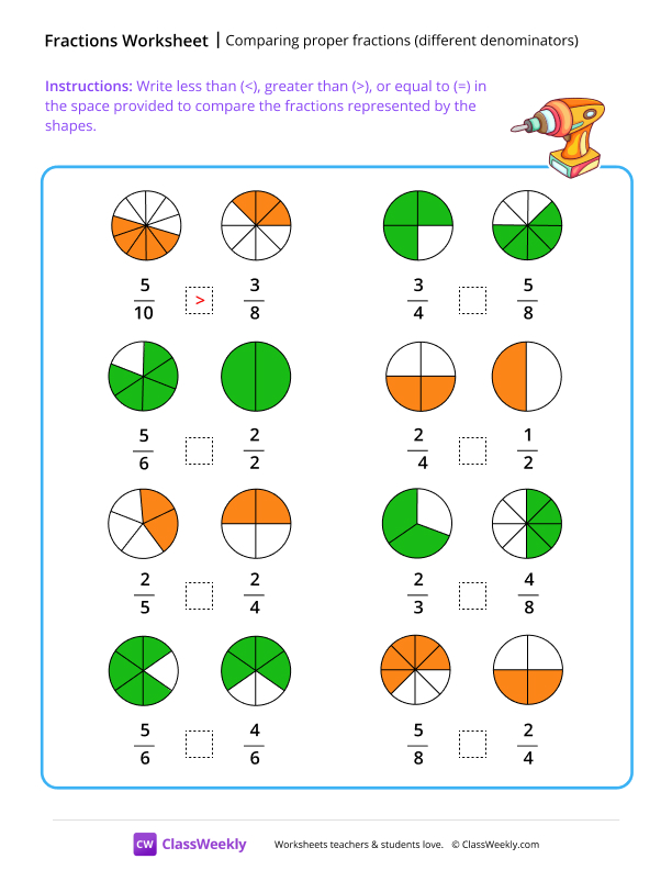 Comparing fractions with pie charts (different denominators) - Drill worksheet preview