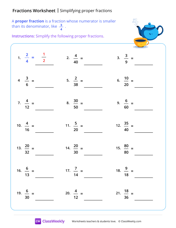 Simplifying proper fractions - Tea worksheet preview