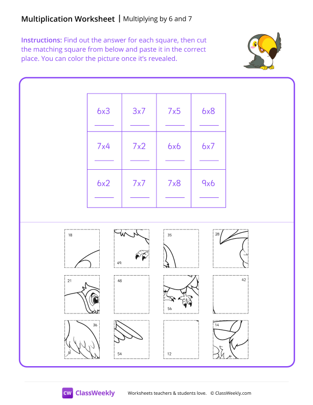 Multiply by 6 and 7 - Happy Toucan worksheet preview