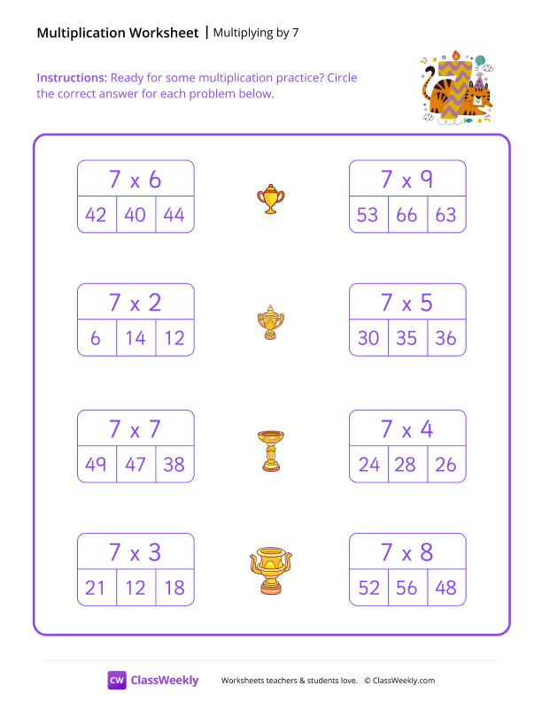 Multiply by 7 - Seven Tigers worksheet preview