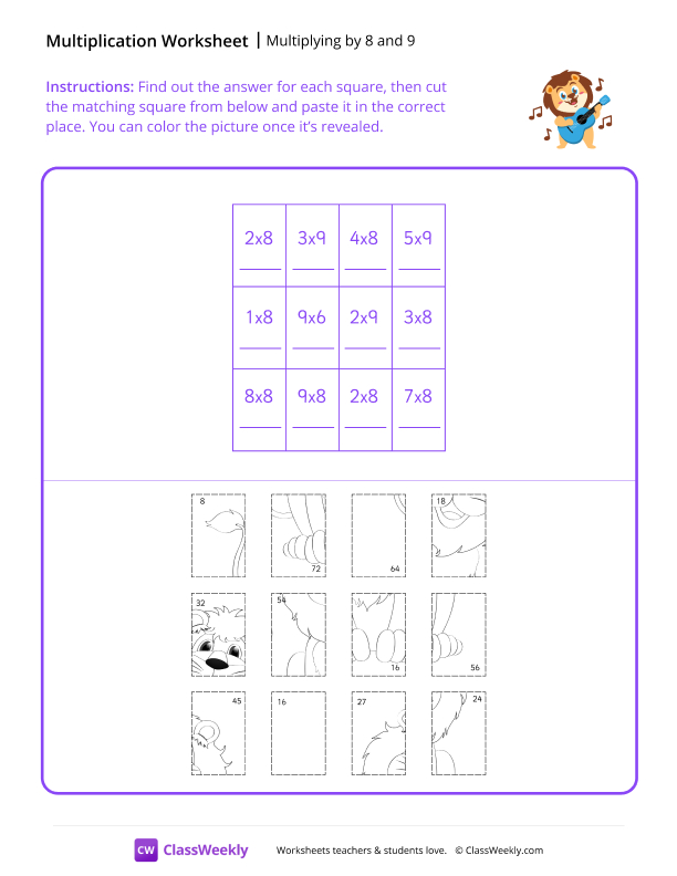 Multiply by 8 and 9 - Singing Lion worksheet preview