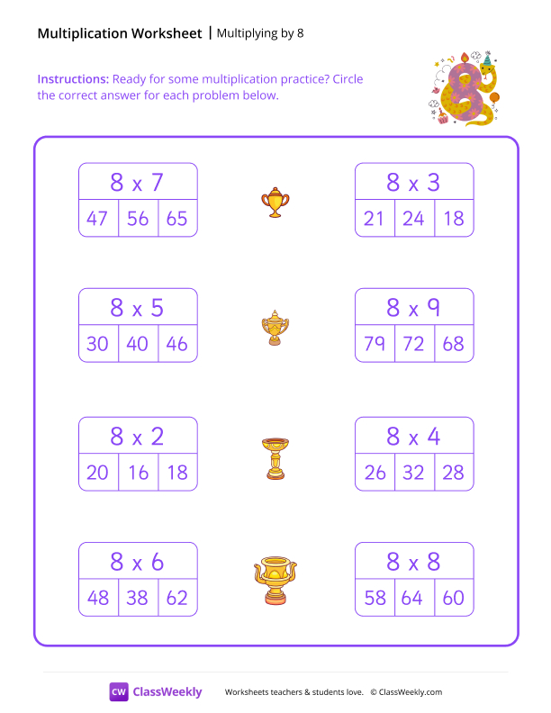 Multiply by 8 - Eight Snakes worksheet preview