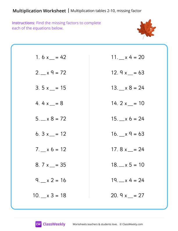 Multiplication tables 2-10, missing factor worksheet preview