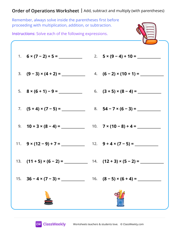 Add, subtract and multiply (with parentheses) - Checklist worksheet preview
