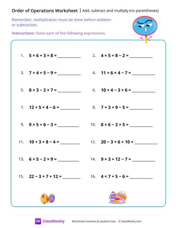 Order of Operations (add, subtract, multiply) - Search worksheet preview