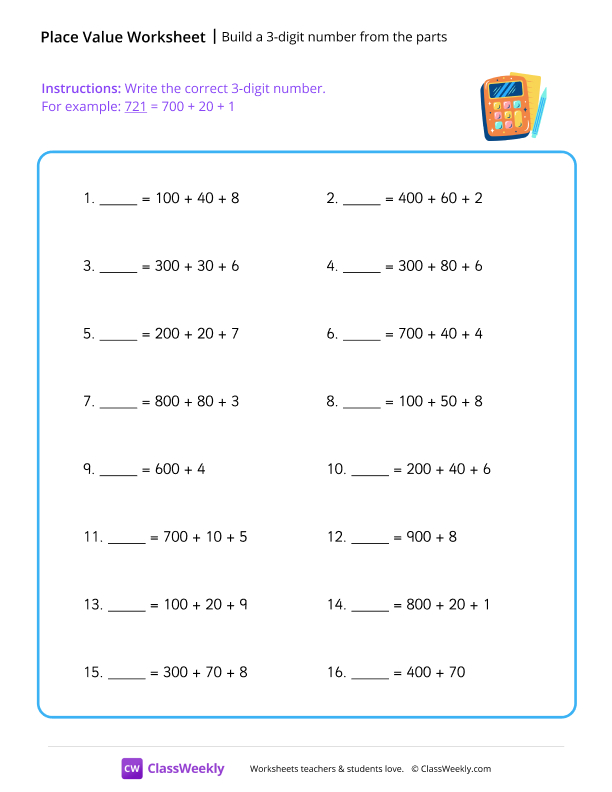 Build a 3-digit number from the parts worksheet preview