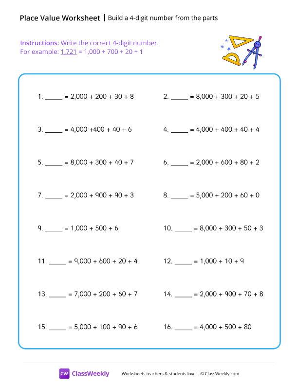 Build a 4-digit number from the parts worksheet preview