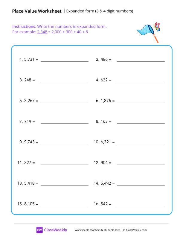 Expanded form (3 and 4 digit numbers) - Net worksheet preview