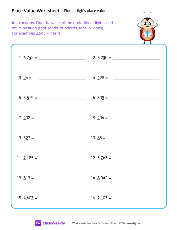 Find a digit's place value worksheet preview