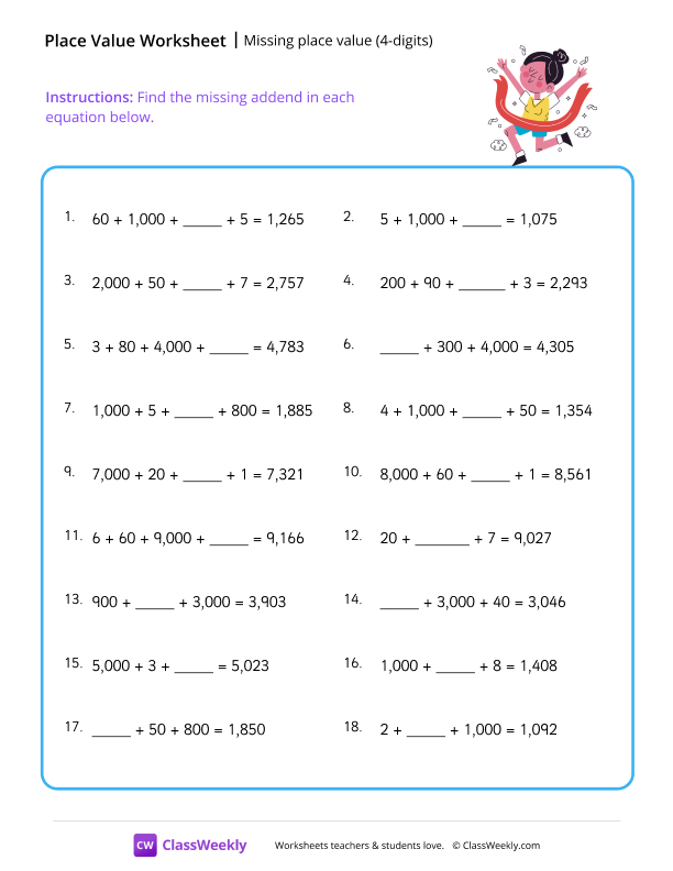 Missing place value (4 digits) - Runner worksheet preview