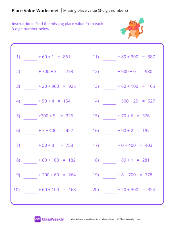 Missing place value (3-digit numbers) worksheet preview