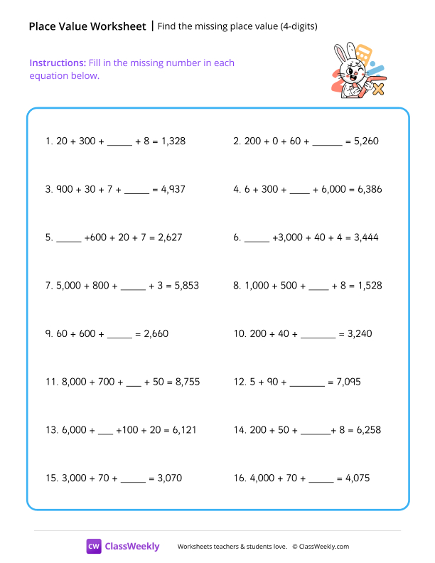 Find the missing place value (4-digits) - Rabbit worksheet preview