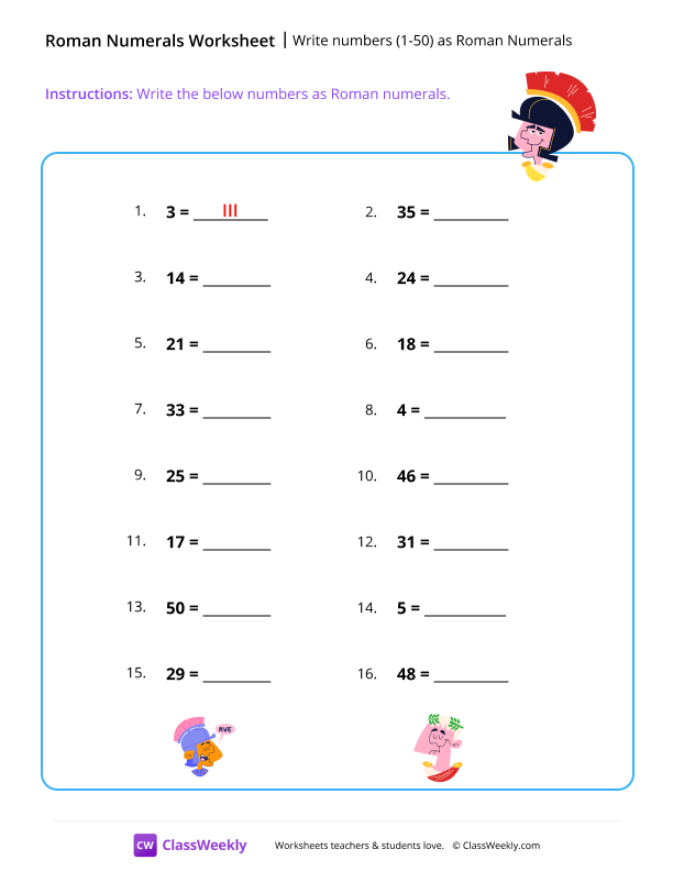 Write numbers (1-50) as Roman Numerals - Gladiator worksheet preview