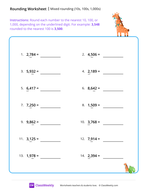 Mixed rounding (10s, 100s, 1,000s) - Giraffe worksheet preview