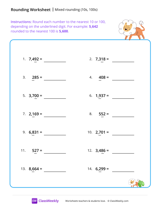 Mixed rounding (10s, 100s) - Lion worksheet preview
