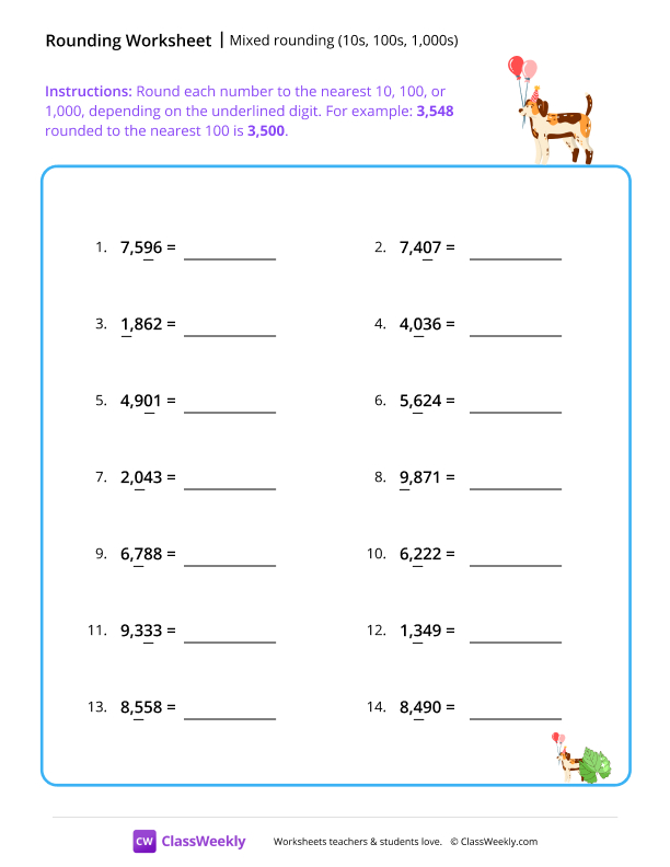 Mixed rounding (10s, 100s, 1,000s) - Dog worksheet preview